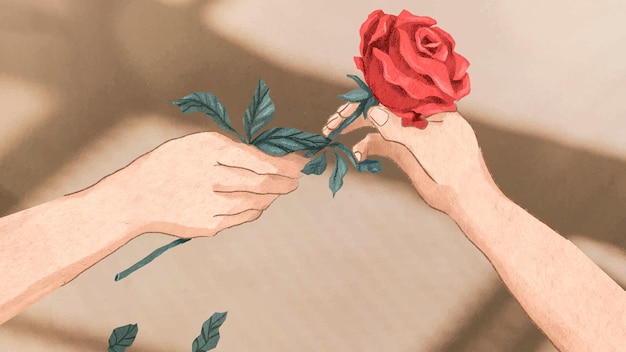 Valentine’s couple exchanging rose vector hand drawn illustration