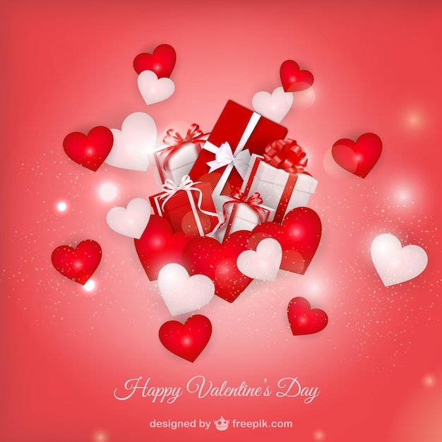Free vector valentine's background with red hearts and shiny shapes