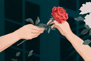 Free vector valentine's couple exchanging rose  hand drawn illustration