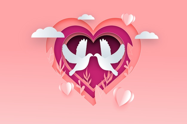 Бесплатное векторное изображение День святого валентина фон в бумажном стиле с голубями