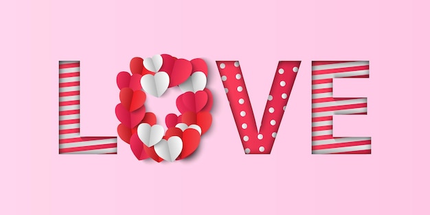 День святого валентина фон, слово любви и бумажные сердца, векторные иллюстрации