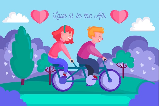 Бесплатное векторное изображение День святого валентина фон с парой на велосипеде