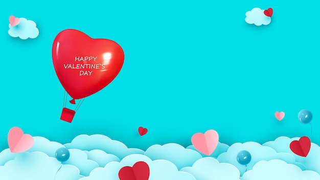 구름을 통해 비행 하는 심장 모양의 풍선 발렌타인 배경입니다. o rigami 스타일입니다. 벡터