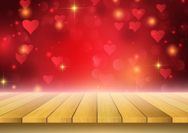 Valentine's Day background with wooden table looking out to hearts design