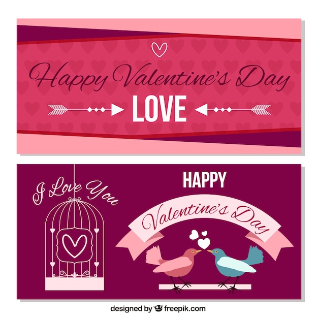 Бесплатное векторное изображение День баннеры валентина с сердечками и птицами