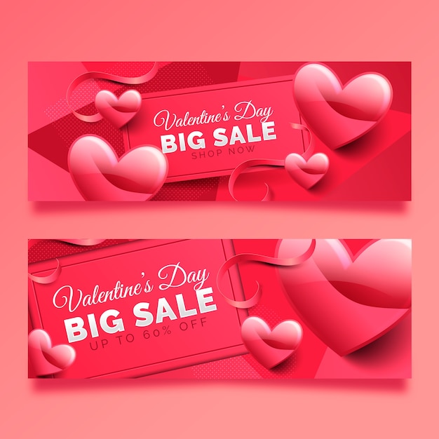 Valentine's day big sale banner with hearts and ribbons