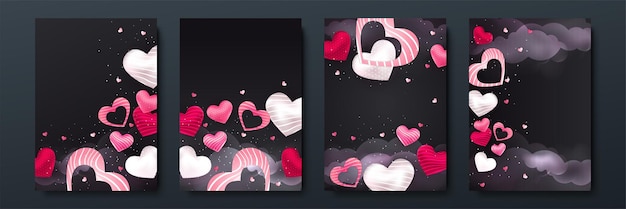 バレンタインデー​の​コンセプト​ポスター​セット​。​ベクトル​イラスト​。​幾何学的​な​背景​に​フレーム​と​3​d​赤​と​ピンク​の​紙​の​ハート​。​かわいい​ラブセールバナー​や​グリーティングカード