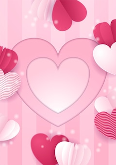 バレンタインデー​の​コンセプト​ポスター​。​ベクトル​イラスト​。​幾何学的​な​背景​に​フレーム​と​3​d​赤​と​ピンク​の​紙​の​ハート​。​かわいい​ラブセールバナー​や​グリーティングカード