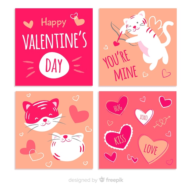 Free vector valentine's day cupid cat card pack