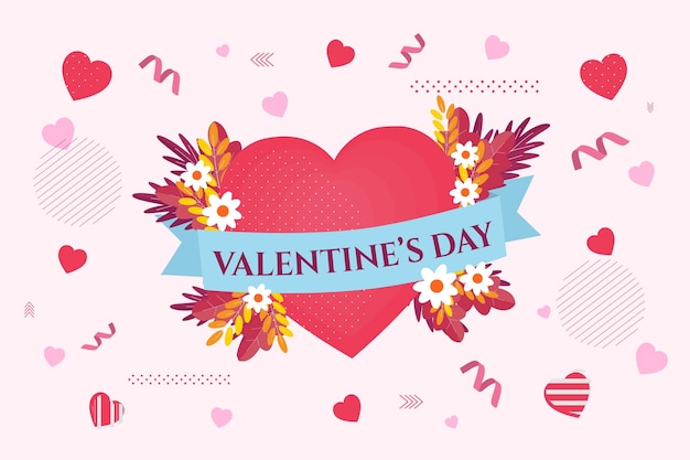 Free vector valentine's day flat design background with hearts and flowers