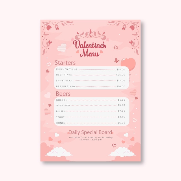 Valentine's day flat menu template