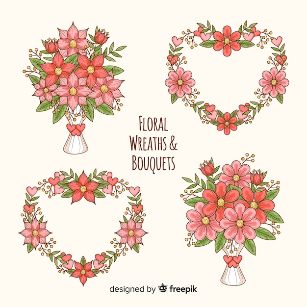 Free vector valentine's day floral wreath and bouquets collection