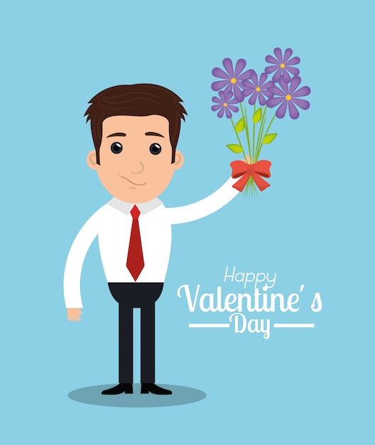 Valentine's day illustration of a man with bouquet of flowers