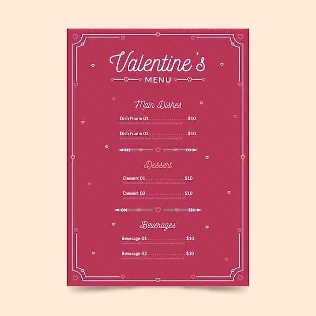 Modello di menu di san valentino in design piatto