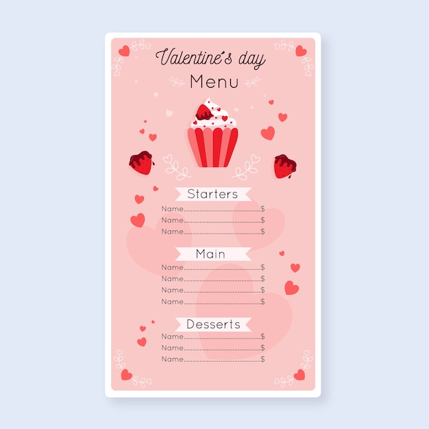 Valentine's day menu template in flat design