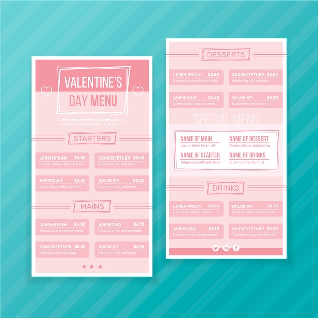 Modello di menu di san valentino in design piatto