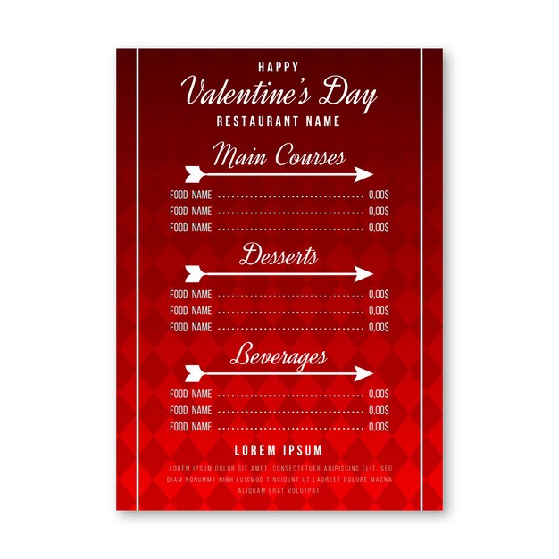 Modello di menu di san valentino in design piatto