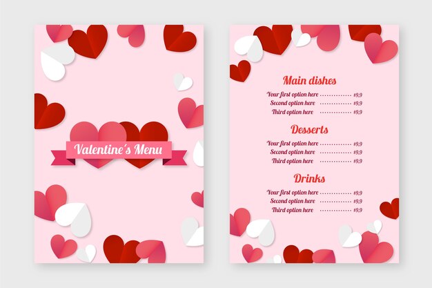 Modello di menu di san valentino in design piatto