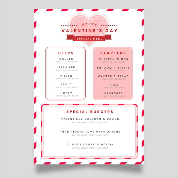 Valentine's day menu template in flat design