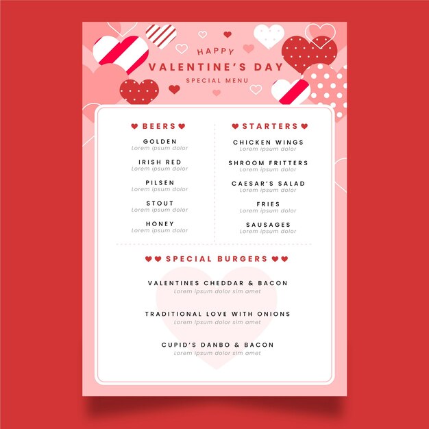 Valentine's day menu template in flat design
