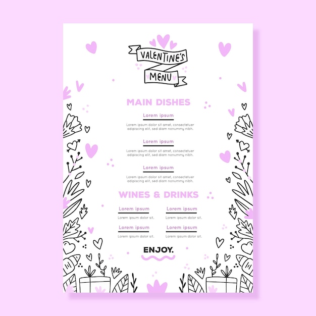 Modello di menu di san valentino con illustrazioni