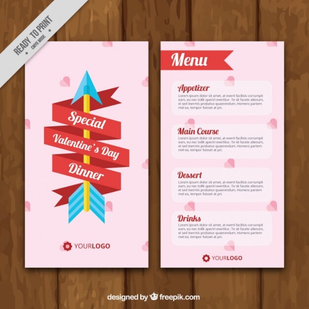 Free Vector valentine's day menu template with ribbon and arrow