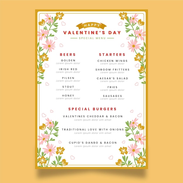 Free vector valentine's day menu template