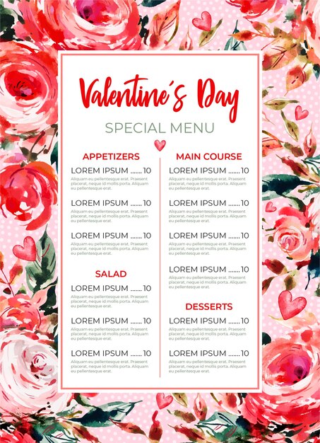 Free vector valentine's day menu template
