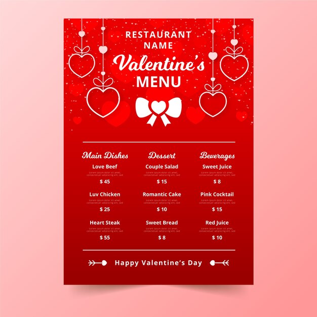 Valentine's day menu with hanging lovely hearts