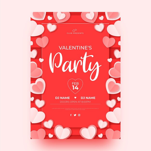 Valentine's day party flyer template in paper style