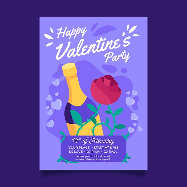 Шаблон плаката вечеринки в день Святого Валентина в плоском дизайне