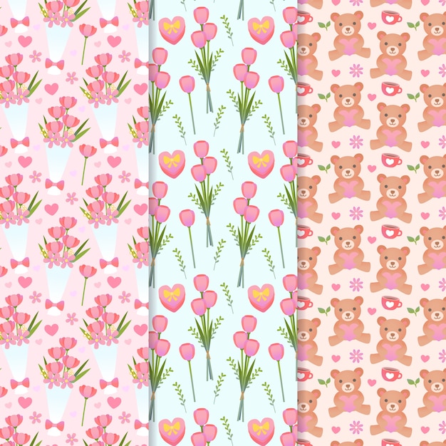 Valentine's day pattern with flowers and teddy bears