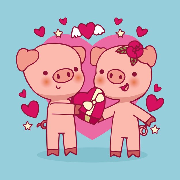 Valentine's day piglets couple hand drawn
