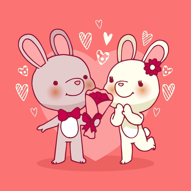 Valentine's day rabbits couple hand drawn