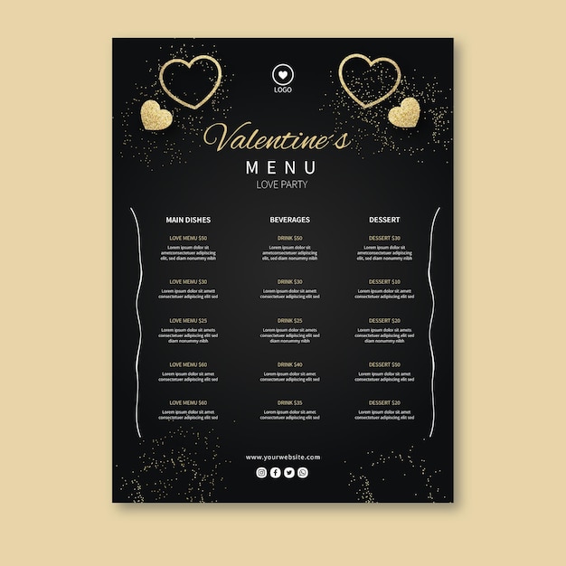 Menu del ristorante di san valentino