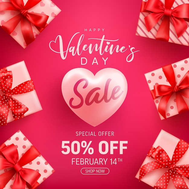 Valentine's day sale 50% off banner with cute gift box on pink