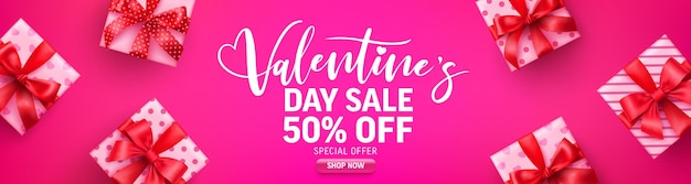Valentine's day sale 50% off banner with cute gift box on pink