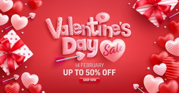 Valentine's day sale 50% off banner with cute gift box and sweet hearts on red Premium Vector