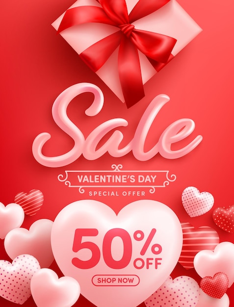 Valentine's day sale 50% off poster or banner with many sweet hearts and gift box on red
