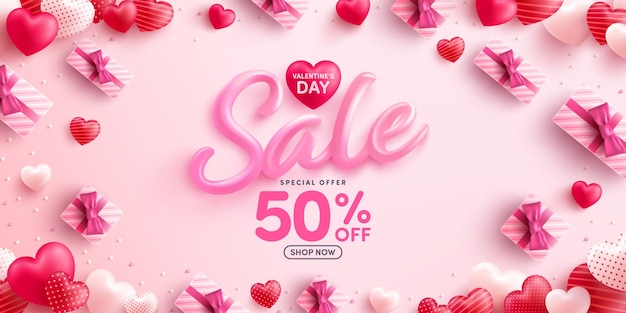 Valentine's day sale 50% off poster or banner with sweet hearts and gift box on pink