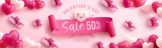 Valentine's day sale 50% off poster or banner with sweet hearts and pink gift box