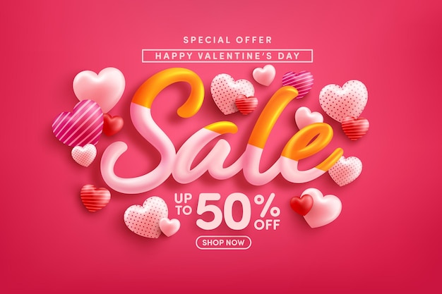 Valentine's day sale 50% off poster or banner with sweet hearts on red Premium Vector