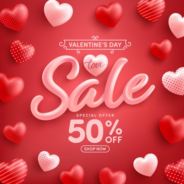 Valentine's day sale 50% off poster or banner with sweet hearts on red