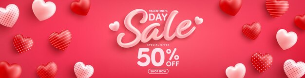 Valentine's day sale 50% off poster or banner with sweet hearts on red