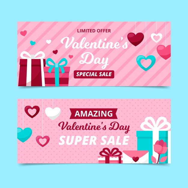 Valentine's day sale banners in flat design with gifts