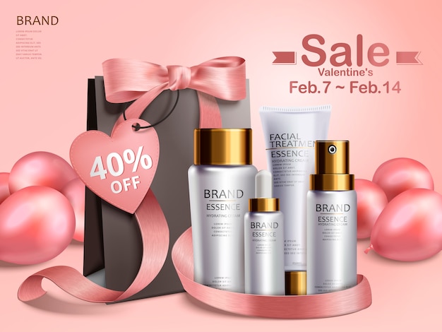 Valentine's day sale, cosmetic gift set with black paper bag and pink balloons, 3d illustration