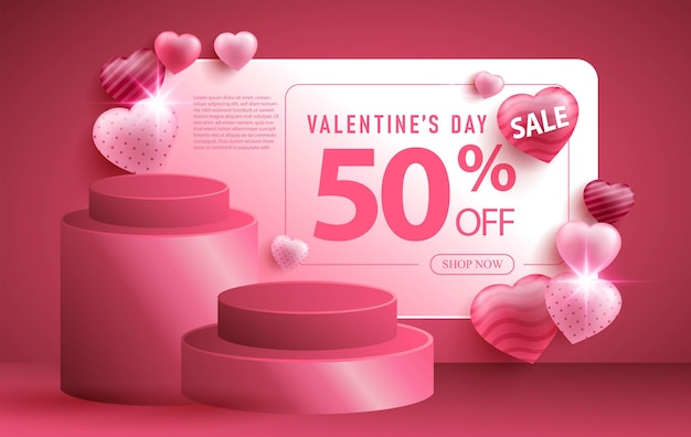 Valentine's day sale promotion banner with realistic hearth or love shape and 3d podium