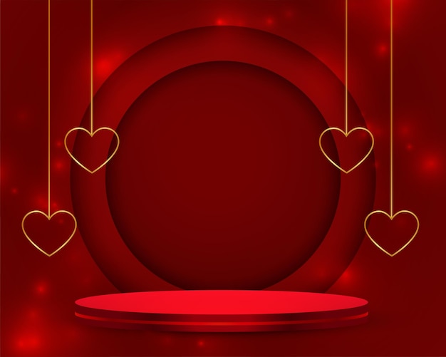 Free vector valentine's day shiny background with 3d podium and golden hearts