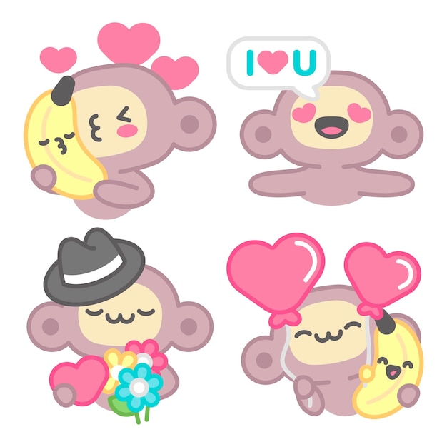 Free vector valentine's day stickers collection with monkey and banana