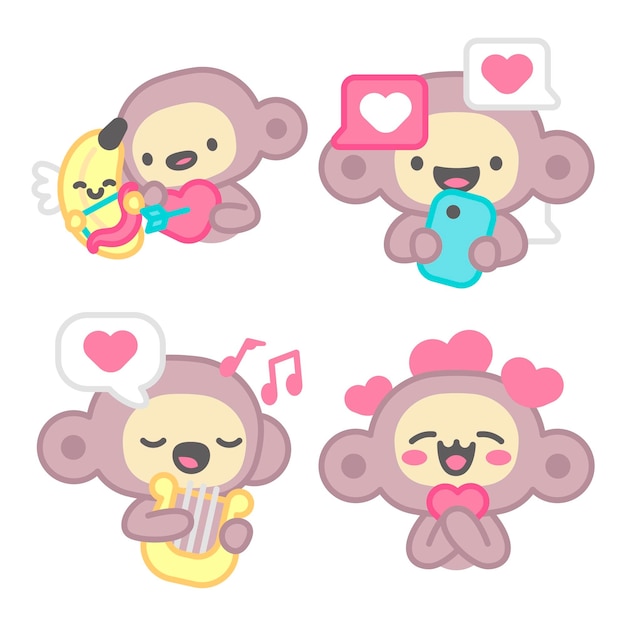 Free vector valentine's day stickers collection with monkey and banana